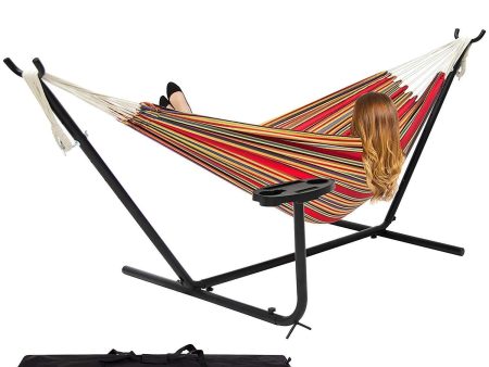 Best Choice Products Outdoor Double Hammock Set w  Steel Stand, Cup Holder, Tray, and Carrying Bag - Red Stripe Cheap