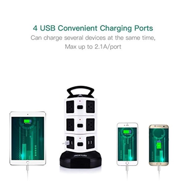 Power Strip Tower JACKYLED Surge Protector Electric Charging Station 3000W 13A 16AWG 10 Outlet Plugs with 4 USB Slot + 6ft Cord Wire Extension Universal Socket for PC Laptops Mobile Cheap