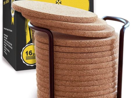 Natural Cork Coasters With Round Edge 4 inches 16pc Set with Metal Holder Storage Caddy – 1 5” Thick Plain Absorbent Heat-Resistant Reusable Saucers for Cold Drinks Wine Glasses Plants Cups & Mugs Online Hot Sale