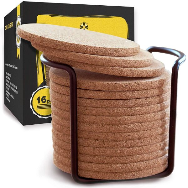 Natural Cork Coasters With Round Edge 4 inches 16pc Set with Metal Holder Storage Caddy – 1 5” Thick Plain Absorbent Heat-Resistant Reusable Saucers for Cold Drinks Wine Glasses Plants Cups & Mugs Online Hot Sale