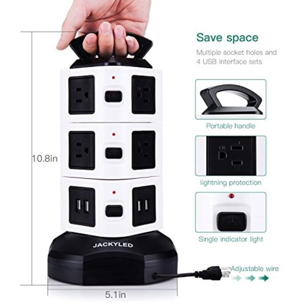 Power Strip Tower JACKYLED Surge Protector Electric Charging Station 3000W 13A 16AWG 10 Outlet Plugs with 4 USB Slot + 6ft Cord Wire Extension Universal Socket for PC Laptops Mobile Cheap