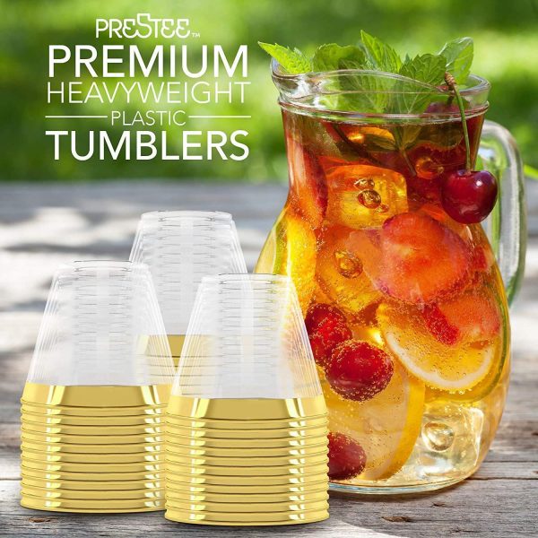 200 Gold Plastic Cups | 9 oz | Hard Disposable Cups | Plastic Wine Cups | Plastic Cocktail Glasses | Plastic Drinking Cups | Bulk Party Cups | Wedding Tumblers | Clear Plastic Cups With Gold Rim by Prestee Online now