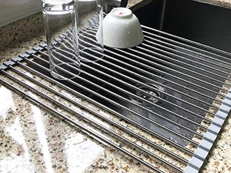 17.7  x 15.5  Large Dish Drying Rack, Attom Tech Home Roll Up Dish Racks Multipurpose Foldable Stainless Steel Over Sink Kitchen Drainer Rack for Cups Fruits Vegetables Cheap