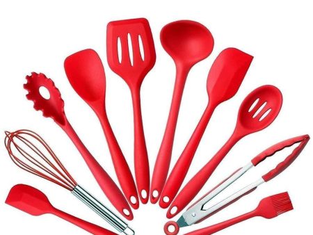 10Pcs set Silicone Heat Resistant Kitchen Cooking Utensils Non-Stick Baking Tool tongs ladle gadget by BonBon (Red) Online Hot Sale