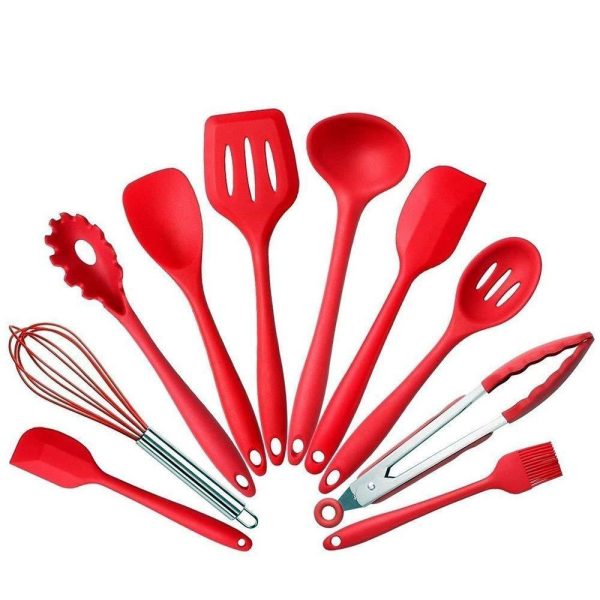 10Pcs set Silicone Heat Resistant Kitchen Cooking Utensils Non-Stick Baking Tool tongs ladle gadget by BonBon (Red) Online Hot Sale