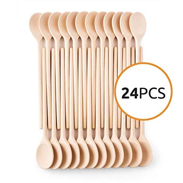 12- Inch Wooden Kitchen Spoons Baking Mixing Serving Craft Utensils Bulk Oval Spoon Puppets Long Handle Beechwood - Set of 24 - MR. WOODWARE Supply