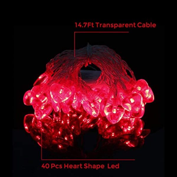 14.5ft 40LED Valentines Decorations String Lights, Heart Shape Valentines Day Decor for Indoor Outdoor Home Room Party Wedding Hanging For Discount