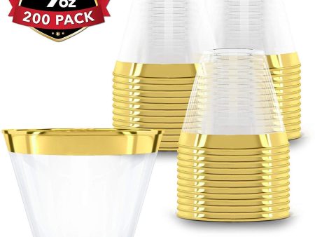 200 Gold Plastic Cups | 9 oz | Hard Disposable Cups | Plastic Wine Cups | Plastic Cocktail Glasses | Plastic Drinking Cups | Bulk Party Cups | Wedding Tumblers | Clear Plastic Cups With Gold Rim by Prestee Online now