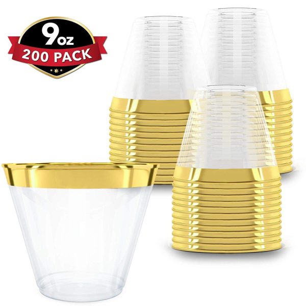 200 Gold Plastic Cups | 9 oz | Hard Disposable Cups | Plastic Wine Cups | Plastic Cocktail Glasses | Plastic Drinking Cups | Bulk Party Cups | Wedding Tumblers | Clear Plastic Cups With Gold Rim by Prestee Online now