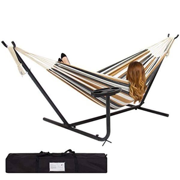 Best Choice Products Outdoor Double Hammock Set w  Steel Stand, Cup Holder, Tray, and Carrying Bag - Desert Stripe Discount