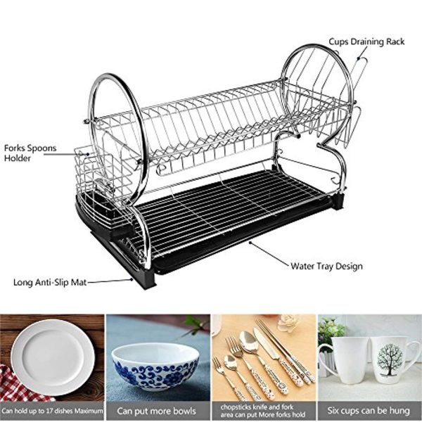 2-Tier Dish Rack and DrainBoard 22  x15 x10  Kitchen Chrome Cup Dish Drying Rack Tray Cultery Dish Drainer For Discount