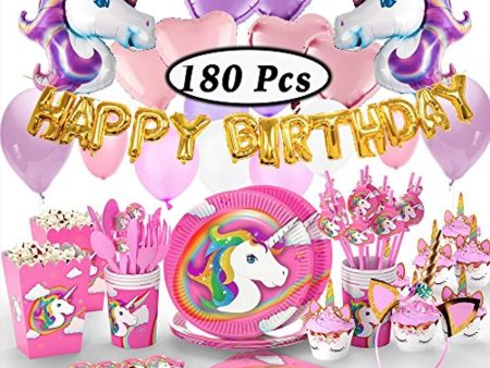 180+ PCS Complete Unicorn Party Supplies & Decorations - Glittery Unicorn Headband | Disposable Tableware Set | 30 Magical Balloons | 24 Pc Unicorn Cupcake Wrappers & Toppers | Party Favors For Cheap