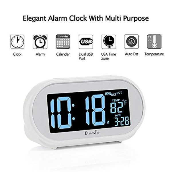 DreamSky Auto Time Set Alarm Clock with Snooze and Dimmer, Charging Station Phone Charger with Dual USB Port .Auto DST Setting, 4 Time Zone Optional, Battery Backup. For Cheap