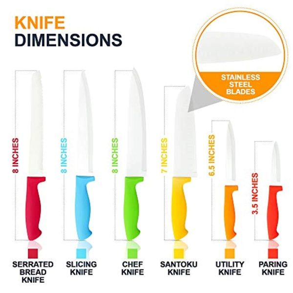 12 Piece Steel Color Knife Set - 6 Steel Kitchen Knives with 6 Knife Sheath Covers - Chef Knife Sets with Bread, Slicer, Santoku, Utility and Paring Knives - Colored Knife Set by Cooler Kitchen Hot on Sale