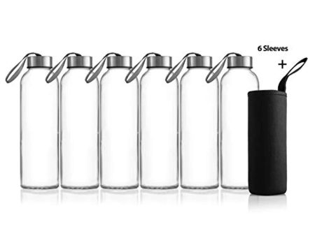 Zuzoro - 6-Pack -18oz Juice & Beverage Glass Water Bottles - for Juicing or Kombucha Storage - Includes Nylon Bottle Protection Sleeves No-Leak Caps w Carrying Loops. - Clear Reusable bottles For Discount