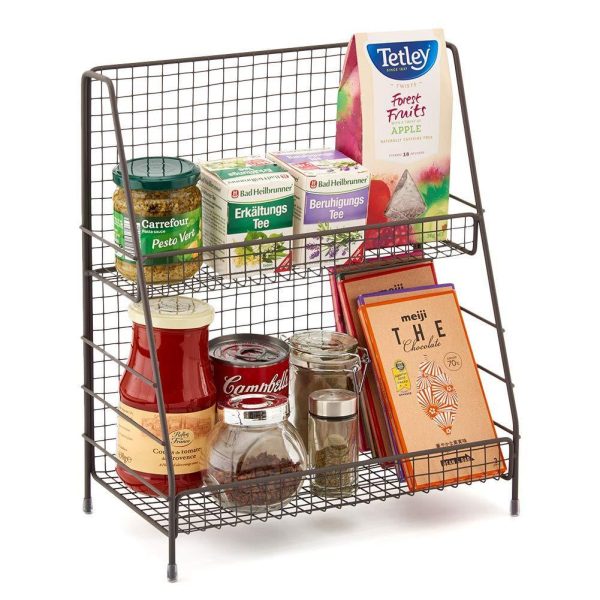 2-Tier Organizer Rack, EZOWare Wire Basket Storage Container Countertop Shelf for Kitchenware Bathroom Cans Foods Spice Office and more - Rustic Brown For Cheap