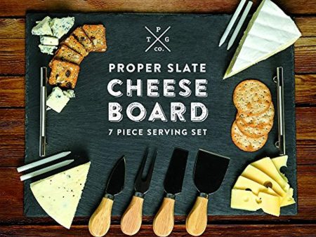 Slate Cheese Board - 7 pc Serving Tray Set 16 x12  Large - Stainless Steel Handles - Soapstone Chalk - 4 Cheese Knives - Foam Protective Feet by Proper Goods on Sale