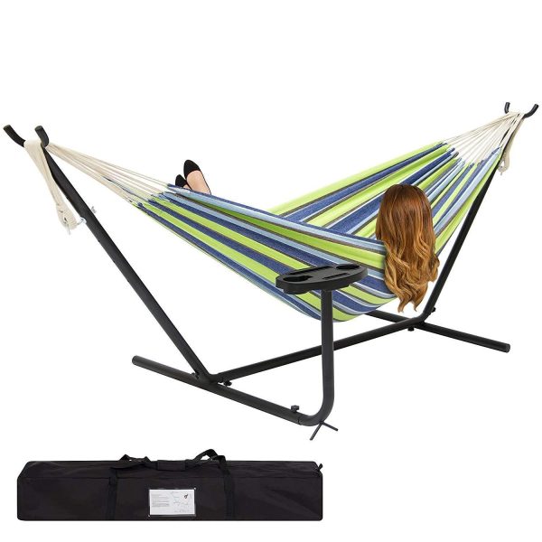 Best Choice Products Outdoor Double Hammock Set w  Steel Stand, Cup Holder, Tray, and Carrying Bag - Desert Stripe Discount