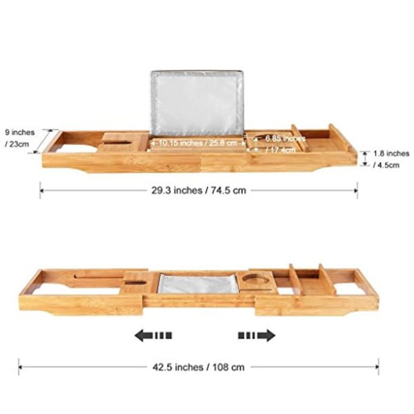 LANGRIA Bamboo Bathtub Caddy Tray with Extending Sides Mug Wineglass Smartphone Holder, Metal Frame Book Pad Tablet Holder with Waterproof Cloth Detachable Sliding Tray Non-Slip Rubber Base Discount