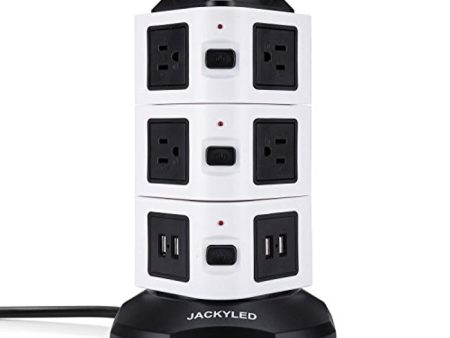 Power Strip Tower JACKYLED Surge Protector Electric Charging Station 3000W 13A 16AWG 10 Outlet Plugs with 4 USB Slot + 6ft Cord Wire Extension Universal Socket for PC Laptops Mobile Cheap