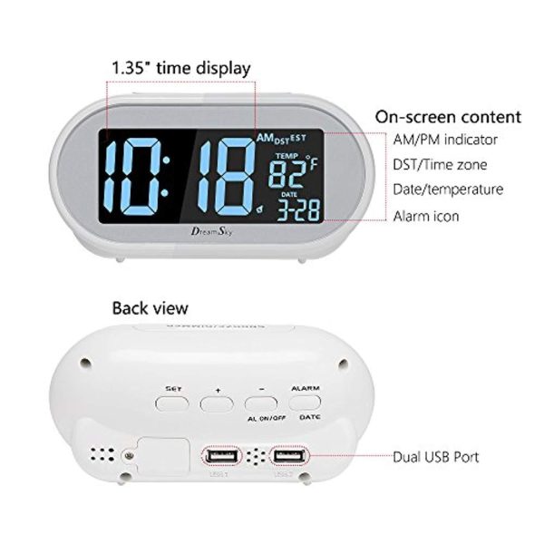 DreamSky Auto Time Set Alarm Clock with Snooze and Dimmer, Charging Station Phone Charger with Dual USB Port .Auto DST Setting, 4 Time Zone Optional, Battery Backup. For Cheap