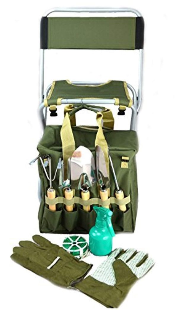 10-piece Gardening Tool Set with Zippered Detachable Tote and Folding Stool Seat with Backrest Cheap