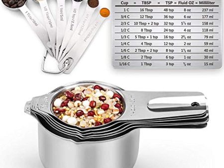 1Easylife Measuring Cups and Spoons Set of 15, Durable Single Stainless Steel 6 Measuring Cups and 6 Measuring Spoons with 2 D Rings and Magnetic Measurement Conversion Chart For Sale