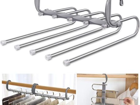 Massy Pants Hangers Multi-Layer Hanging Pants 5 in 1 Pants Rack Stainless Steel Pants Hangers Folding Storage Rack Space Saver Storage for Trousers Scarf Tie Belt Adjustable Gary (1 Pack) Fashion