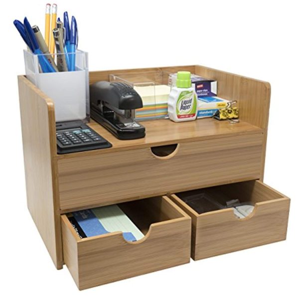 Sorbus 3-Tier Bamboo Shelf Organizer for Desk with Drawers — Mini Desk Storage for Office Supplies, Toiletries, Crafts, etc — Great for Desk, Vanity, Tabletop in Home or Office Discount