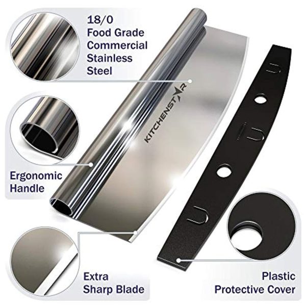 14” Pizza Cutter by Kitchenstar | Sharp Stainless Steel Slicer Knife - Rocker Style w Blade Cover | Chop and Slices Perfect Portions + Dishwasher Safe – Premium Pizza Oven Accessories Cheap