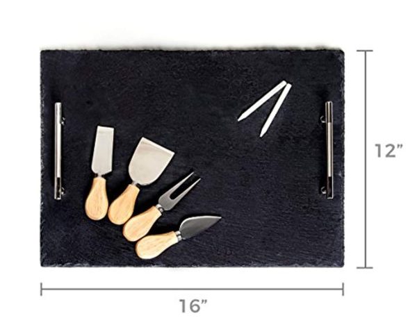 Slate Cheese Board - 7 pc Serving Tray Set 16 x12  Large - Stainless Steel Handles - Soapstone Chalk - 4 Cheese Knives - Foam Protective Feet by Proper Goods on Sale