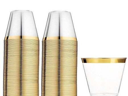 110 Gold Plastic Cups 9 Ounce - Elegant Disposable Clear Gold Rimmed Tumbler - Fancy Heavy Duty - Wedding Party Decoration Glasses with Gold Trim - Elegant Old Fashioned Online