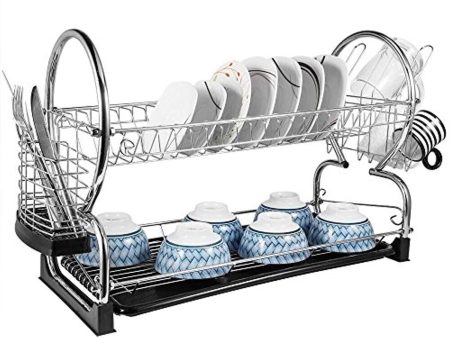 2-Tier Dish Rack and DrainBoard 22  x15 x10  Kitchen Chrome Cup Dish Drying Rack Tray Cultery Dish Drainer For Discount