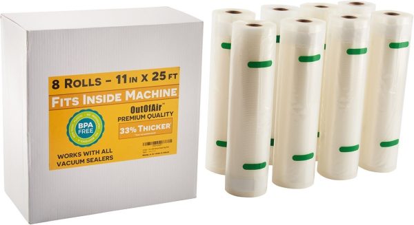 11  x 25  Rolls (Fits Inside Machine) BULK 8 Pack (200 feet total) OutOfAir Vacuum Sealer Rolls for Foodsaver and others 33% Thicker, BPA Free, FDA Approved, Sous Vide, Commercial Grade Bags For Cheap