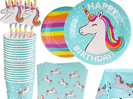 102 Piece Rainbow Unicorn Party Supplies Set Including Banner, Plates, Cups, Napkins, Straws, and Tablecloth, Serves 20 For Discount