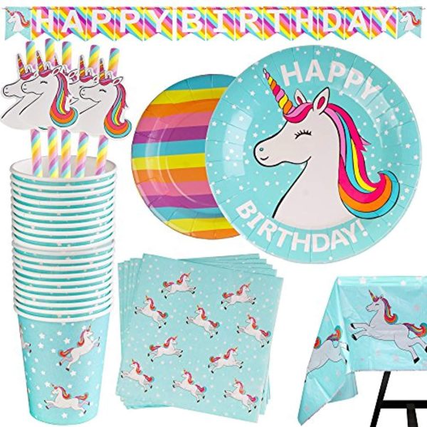 102 Piece Rainbow Unicorn Party Supplies Set Including Banner, Plates, Cups, Napkins, Straws, and Tablecloth, Serves 20 For Discount