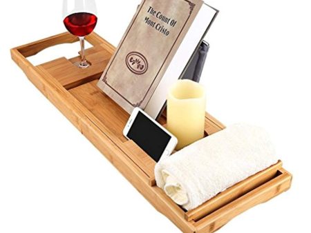 Bamboo Bathtub Caddy Tray with Extending Sides Mug Wineglass Smartphone Holder, Metal Frame Book Pad Tablet Holder with Waterproof Cloth Detachable Sliding Tray Non-Slip Rubber Base by LANGRIA For Discount