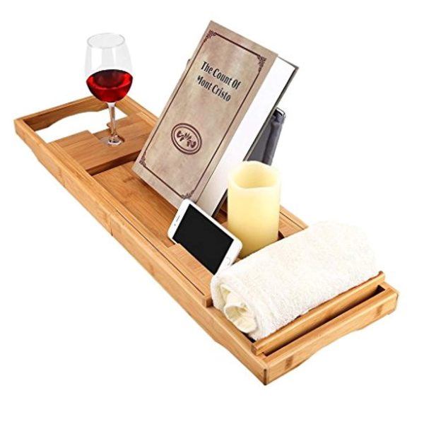 Bamboo Bathtub Caddy Tray with Extending Sides Mug Wineglass Smartphone Holder, Metal Frame Book Pad Tablet Holder with Waterproof Cloth Detachable Sliding Tray Non-Slip Rubber Base by LANGRIA For Discount