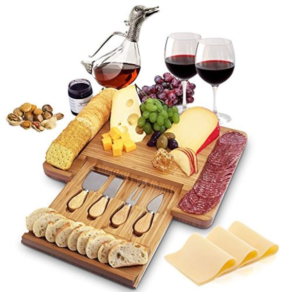 100% Natural Bamboo Cheese Board and Cutlery Set with Slide-out Drawer by Home Euphoria . Serving Tray for Wine, Crackers, Charcuterie. Perfect for Christmas, Wedding & Housewarming Gifts. Online Sale