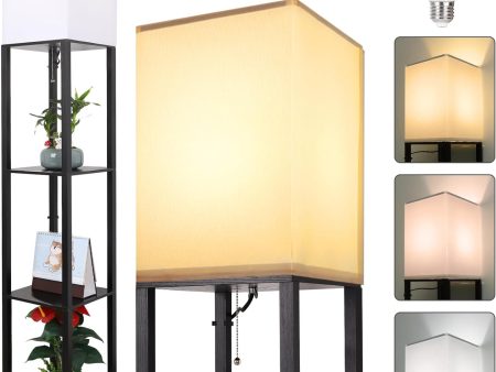 Dimunt Floor Lamp with Shelves, Modern Shelf Floor Lamp with 3 Color Temperature 9W LED Bulb, 4-Tier Display Storage Wood Texture Corner Standing Lamp with for Living Room, Bedroom, Office- Black Sale