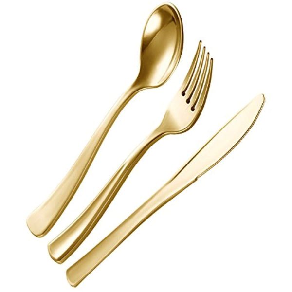 120 Gold Plastic Silverware Set | Plastic Gold Cutlery Set | Disposable Cutlery Silverware Set | 40 Plastic Forks, 40 Plastic Spoons, 40 Plastic Knives | Heavy Duty Bulk Disposable Flatware Utensils Discount