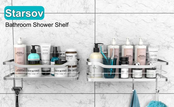 Adhesive Shower Wall Shelf, Shower Caddy Basket with 4 Hooks, Storage Rack Bathroom Shower Storage Organizer for Shampoo Conditioner Stainless Steel No Drilling, 2 Pack Hot on Sale