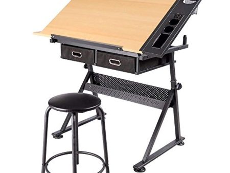 Yaheetech Height Adjustable Drafting Table Desk Drawing Table Desk with P2 Tiltable Tabletop, Stool and 2 Storage Drawers for Reading, Writing,Studying Art Craft Work Station Cheap