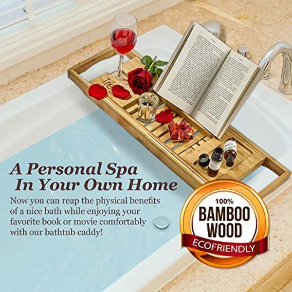 Tregini Luxury Bathtub Caddy - Extendable Bamboo Wood Bath Tray with Adjustable Book, iPad or Kindle Reading Rack - Wine Glass Holder - Cellphone or Tablet Slot For Cheap