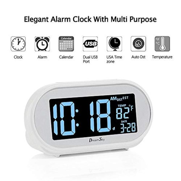 DreamSky Auto Time Set Alarm Clock with Snooze and Dimmer, Charging Station Phone Charger with Dual USB Port .Auto DST Setting, 4 Time Zone Optional, Battery Backup. (White) For Cheap