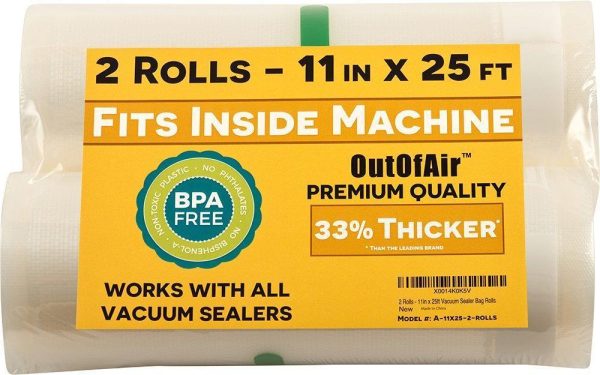 11  x 25  Rolls (Fits Inside Machine) BULK 8 Pack (200 feet total) OutOfAir Vacuum Sealer Rolls for Foodsaver and others 33% Thicker, BPA Free, FDA Approved, Sous Vide, Commercial Grade Bags For Cheap