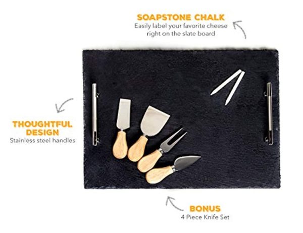 Slate Cheese Board - 7 pc Serving Tray Set 16 x12  Large - Stainless Steel Handles - Soapstone Chalk - 4 Cheese Knives - Foam Protective Feet by Proper Goods on Sale