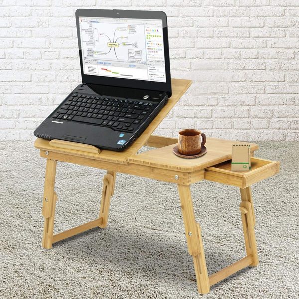 BBBuy 100% Bamboo Adjustable Laptop Table - Foldable Standing Bed Desk - Sofa Breakfast Tray - Notebook Stand Reading Holder for Couch Floor with Storage Drawer For Discount