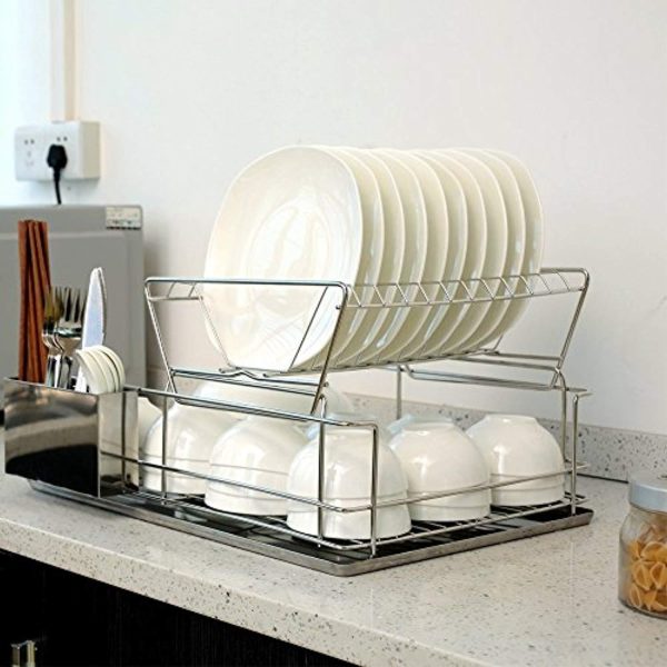 1208S 2 Tier Dish Drainer Dish Rack with Removable Utensil Cup for Kitchen Counter, Stainless Steel Cheap