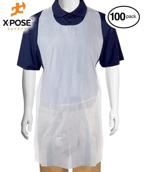 100 White Plastic Disposable Aprons For Cooking, Painting and More - Individually Packaged - Durable 1 mil Waterproof Polyethylene - 24  x 42  - by Xpose Safety For Sale